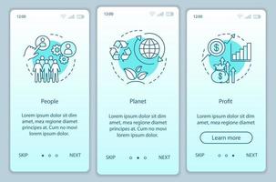 Ressourcenmanagement-Onboarding-Seitenbildschirmvorlage für mobile Apps. People, Planet und Profit Walkthrough Website-Schritte. dreifaches Endergebnis. Tbl. Geschäftskonzeption. ux, ui, gui Smartphone-Schnittstelle vektor