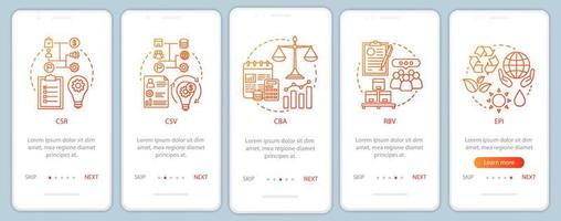 affärsidéer, principer onboarding mobil app sid skärmmall. csr. företagsmedborgarskap. affärsetik. genomgångswebbplats. hållbar utveckling. ux, ui, gui smartphone-gränssnitt vektor