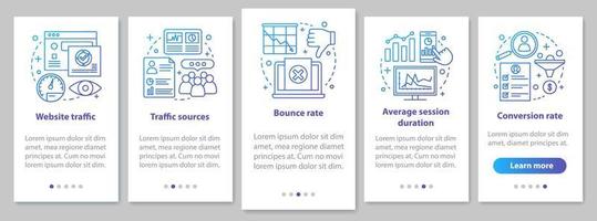 Website-Traffic Onboarding mobiler App-Seitenbildschirm mit linearen Konzepten. Analyse der Umsatz-Conversion-Rate. smm metrics walkthrough schritte anweisungen. ux, ui, gui Vektorvorlage mit Illustrationen vektor