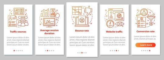 Website-Traffic Onboarding mobiler App-Seitenbildschirm mit linearen Konzepten. Analyse der Umsatz-Conversion-Rate. smm metrics walkthrough schritte anweisungen. ux, ui, gui Vektorvorlage mit Illustrationen vektor