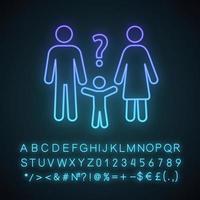 Neonlicht-Symbol für die Sorgerechtsbewertung. Eltern lösen Probleme. verwirrte Familie. Kind fragt warum. Familie helfen. leuchtendes Schild mit Alphabet, Zahlen und Symbolen. isolierte Vektorgrafik vektor