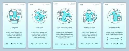 hr Soft Skills Onboarding mobiler App-Seitenbildschirm-Vektorvorlage. Mitarbeiterqualitäten, Fähigkeiten Walkthrough Website-Schritte. Intelligenz, Disziplin, Professionalität. ux, ui, gui Smartphone-Schnittstelle vektor