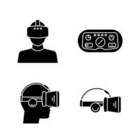 Glyphensymbole für virtuelle Realität festgelegt. Silhouette-Symbole. VR-Player, Headset-Hud, Brille mit eingebauten Kopfhörern. isolierte Vektorgrafik vektor