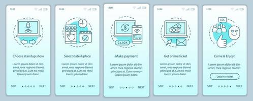 Standup-Onboarding-Bildschirmvektorvorlage für mobile App-Seiten. Leistung Online-Ticket-Zahlung. Veranstaltung zeigen. Walkthrough-Website-Schritte mit linearen Illustrationen. ux, ui, gui Smartphone-Schnittstellenkonzept vektor