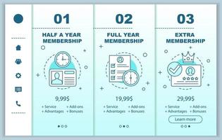 Preise für Mitgliedschaftsgebühren beim Onboarding mobiler App-Bildschirme Vektorvorlagen. Tarifpläne Schritte. Walkthrough-Website-Seiten-Schnittstelle. Kontoregistrierung. Webseiten-Layout für die Zahlung von Smartphone-Abonnements vektor