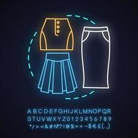kjolar neonljus konceptikon. damkläder. klädbutik idé. glödande tecken med alfabet, siffror och symboler. vektor isolerade illustration