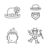 Saint Patricks dag glyfikoner set linjära ikoner set. tunn linje kontur symboler. leprechauns, bowlerhatt med fyrklöver, kruka av guld. isolerade vektor kontur illustrationer. redigerbar linje