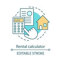 Mietobjekt-Rechner-Konzept-Symbol. Rechnungen, Steuerberechnungen. Hand mit Taschenrechner, Dokumenten, Haus. Mietpreise Idee dünne Linie Abbildung. Vektor isolierte Umrisszeichnung. bearbeitbarer Strich