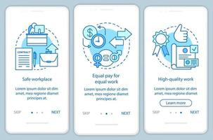 Arbeitsethik beim Onboarding der mobilen App-Seitenbildschirmvektorvorlage. sicherer Arbeitsplatz, gleicher Lohn für Arbeit. Walkthrough-Website-Schritte mit linearen Illustrationen. ux, ui, gui Smartphone-Schnittstellenkonzept vektor