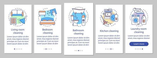 Home Cleaning Onboarding mobiler App-Seitenbildschirm, lineare Konzepte. Wohnzimmer, Schlafzimmer, Badezimmerreinigung. fünf Schritt-für-Schritt-Grafikanweisungen. ux, ui, gui Vektorvorlage mit Illustrationen vektor