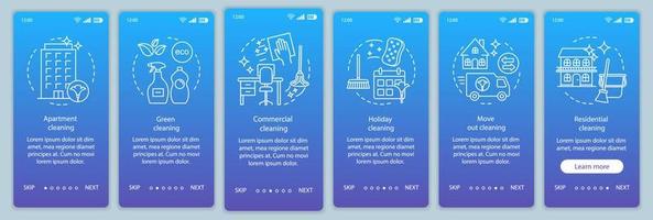 Reinigungsdienste beim Onboarding der Bildschirmvektorvorlage für die mobile App-Seite. Gewerbe, Urlaub, Auszug Aufräumen. Walkthrough-Website-Schritte, lineare Illustrationen. ux, ui, gui Smartphone-Schnittstellenkonzept vektor