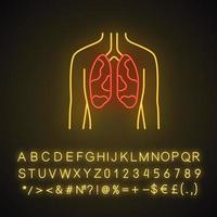 Kranke Lunge Neonlicht-Symbol. schmerzendes menschliches Organ. Tuberkulose, Krebs. ungesundes Lungensystem. Gesundheit der Atemwege. leuchtendes Schild mit Alphabet, Zahlen und Symbolen. isolierte Vektorgrafik vektor