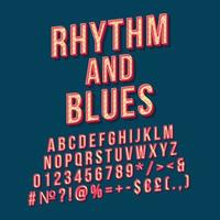 Rhythm and Blues Vintage 3D-Vektor-Schriftzug. Retro-fette Schriftart, Schriftart. Stilisierter Text der Pop-Art. Buchstaben, Zahlen, Symbole im alten Schulstil. 90er, 80er Jahre Poster, Banner. preußischer Farbhintergrund vektor