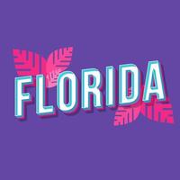 Florida Vintage 3D-Vektor-Schriftzug. Retro-fette Schriftart, Schriftart. Stilisierter Text der Pop-Art. Briefe im alten Schulstil. 90er, 80er Jahre Poster, Banner-Typografie-Design. rosa Blätter, amethystfarbener Hintergrund vektor