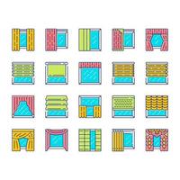 fönster behandlingar och gardiner färg ikoner set. romerska skärmar, persienner, valans, panel, jalusier. rummet mörknar. inredning, heminredningsbutik. isolerade vektorillustrationer vektor