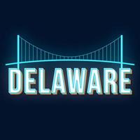 Delaware Vintage 3D-Vektor-Schriftzug. Retro-fette Schriftart, Schriftart. Stilisierter Text der Pop-Art. Neonlichtbuchstaben im alten Schulstil. 90er, 80er Jahre Poster, Banner-Typografie-Design. preußischer Farbhintergrund vektor