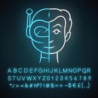 Bot-Imitator Neonlicht-Symbol. falsche Identität. Roboter-Imitator. Kybernetik, Technik. künstliche Intelligenz. leuchtendes Schild mit Alphabet, Zahlen und Symbolen. isolierte Vektorgrafik vektor