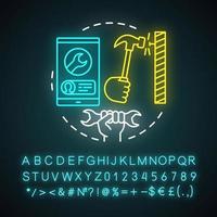 Symbol für das Konzept des Abonnement-Home-Management-Neonlicht-Konzepts. Bauwerkzeug-Shop-Idee. leuchtendes Schild mit Alphabet, Zahlen und Symbolen. Smartphone, Schraubenschlüssel und Hammer Vektor isolierte Illustration