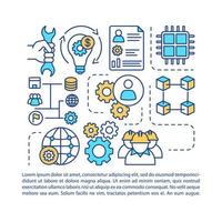 Vektorvorlage für die Artikelseite des Wirtschaftsingenieurwesens. Herstellungsverfahren. Broschüre, Broschürengestaltungselement mit linearen Symbolen und Textfeldern. Druckdesign. Konzeptillustrationen mit Textraum vektor