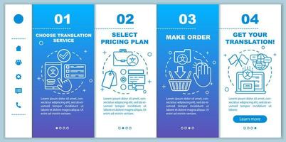 översättningstjänst process onboarding mobila webbsidor vektor mall. responsiv smartphone webbplats gränssnitt idé med linjära illustrationer. webbsida genomgång steg skärmar. färg koncept