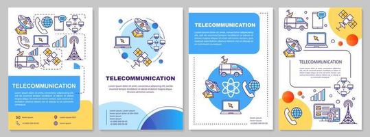 Vorlagenlayout für die Telekommunikationsbranche. Flyer, Broschüre, Broschürendruckdesign mit linearen Illustrationen. Fernsehübertragung. Vektorseitenlayouts für Zeitschriften, Geschäftsberichte, Werbeplakate vektor