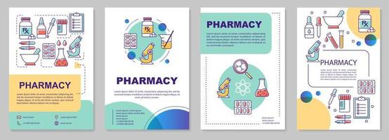 Vorlagenlayout für die pharmazeutische Industrie. Herstellung von Medikamenten. Flyer, Broschüre, Broschürendruckdesign mit linearen Illustrationen. Vektorseitenlayouts für Zeitschriften, Geschäftsberichte, Werbeplakate vektor