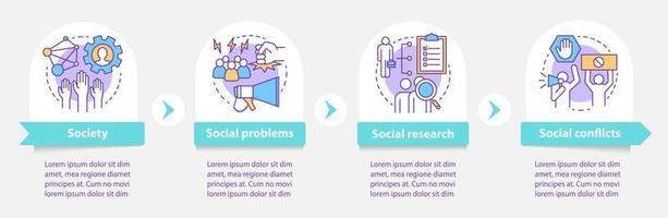 Soziologie-Vektor-Infografik-Vorlage. Gesellschaft, soziale Probleme, Konflikte. Gestaltungselemente der Präsentation. Datenvisualisierung in vier Schritten. Zeitachsendiagramm des Prozesses. Workflow-Layout mit linearen Symbolen vektor