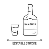 sambuca linjär ikon. flaska och snapsglas med dryck. likör med italiensk anismak. alkoholhaltig dryck. tunn linje illustration. kontur symbol. vektor isolerade konturritning. redigerbar streck