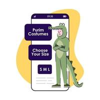 Purim Costumes Smartphone-App-Bildschirm. Krokodilanzug. Tierkleidung zu vermieten. Handy-Displays, Cartoon-Figuren entwerfen Mockup. Online-Shop-Anwendung Telefonschnittstelle vektor