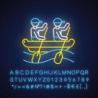 Rafting-Neonlicht-Symbol. Wassersport, Extremsport. Freizeitaktivitäten im Freien und Hobby. abenteuerliche Freizeit auf rauem Wasser. leuchtendes Schild mit Alphabet. isolierte Vektorgrafik vektor