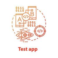 Symbol für das Test-App-Konzept. Softwareentwicklungsprozess Idee dünne Linie Illustration. Tools für die Programmierung von Apps für mobile Geräte. es Projekt. Bewerbungsmanagement. Vektor isolierte Umrisszeichnung