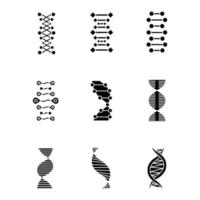 dna dubbel helix glyf ikoner set. deoxiribonuklein, nukleinsyrastruktur. kromosom. molekylärbiologi. genetisk kod. genom. genetik. medicin. siluett symboler. vektor isolerade illustration