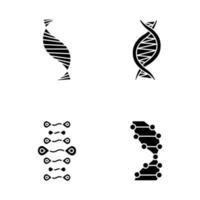 DNA-strängar glyfikoner set. deoxiribonuklein, nukleinsyrahelix. spiralformade trådar. kromosom. molekylärbiologi. genetisk kod. genom. genetik. siluett symboler. vektor isolerade illustration