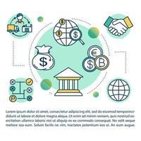 internationella betalningar koncept ikon med text. pengaöverföringar över hela världen. global bankverksamhet. artikel sida vektor mall. broschyr, tidning, häfte designelement med linjära illustrationer