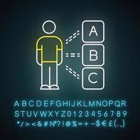 personlig undersökning neonljusikon. Välj alternativ. fråga och svar. psykologiskt test. personlighetsvärdering. glödande tecken med alfabet, siffror och symboler. vektor isolerade illustration