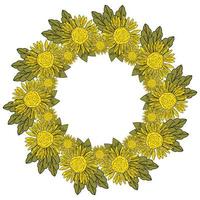 ein Kranz aus gelben Blüten und grünen Blättern, leuchtende Blüten mit kleinen Blütenblättern und einem schwarzen Konturumriss, in Form eines runden Rahmens angeordnet vektor