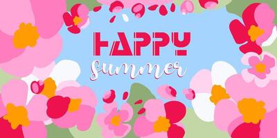 Lycklig sommar, affisch ram, rosa äpple blommor, frodig sakura lövverk, enkel vit blomma, växt kort mall, horisontell ram, tapet, tyg, tyg, tapet vektor