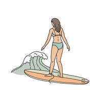 ein Mädchen im ein Badeanzug auf ein Surfbrett auf ein Welle. linear Hand gezeichnet Illustration. vektor