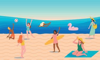 Menschen im Meer oder Ozean durchführen verschiedene Aktivitäten. Männer und Frauen Baden, Tauchen, Surfen, Lügen auf schwebend Luft Matratze und Sonnenbaden, spielen mit Ball. eben Karikatur Illustration. vektor