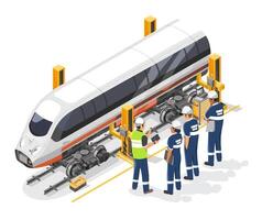 tåg underhåll service Träning karriär begrepp ingenjör och mekaniker arbete tillsammans i garage station isometrisk isolerat tecknad serie vektor