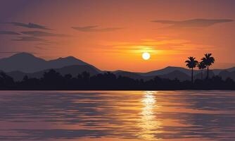 skön orange solnedgång över sjö med bergen och tropisk skog vektor