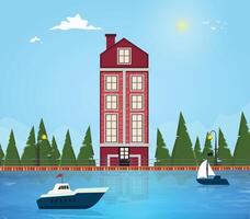 modern lägenhet i främre av sjö, flod trä- stuga bostads- Hem byggnad eller bungalow natur illustration vektor