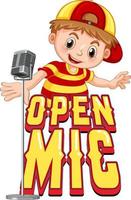 Open-Mic-Logo-Design mit Sängerjunge-Cartoon-Figur vektor