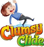 ungeschicktes Clide-Logo-Textdesign mit Junge, der auf nassem Boden ausgerutscht ist vektor