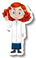 Zeichentrickfigur-Aufkleber mit einem Mädchen im Wissenschaftsgewand vektor