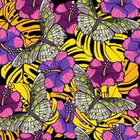 nahtlos Blumen- Muster mit Malachit Schmetterlinge und Hibiskus Blumen mit Monstera Blätter vektor