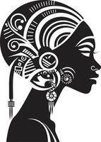 kulturell Wesen schwarz zum Stammes- Frau Gesicht Stammes- Fäden ethnisch Frau Gesicht Glyphe vektor