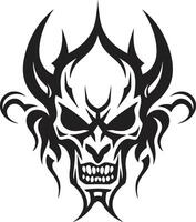 infernalisk insignier svart djävulshuvud stygian symbolism ondska djävulshuvud emblem i mörk nyans vektor