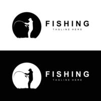 Angeln Logo Symbol , Fang Fisch auf das Boot, draussen Sonnenuntergang Silhouette Design vektor