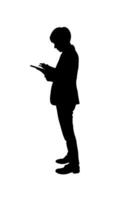 Silhouette von ein Person Stehen halten Smartphone, das Konzept Verwendet Clever Verbindung Handy, Mobiltelefon online, Illustration vektor